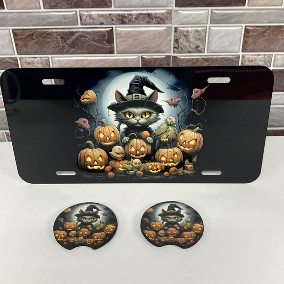 Halloween Cat License Plate With Cup Holder Inserts - Picture 1 of 6